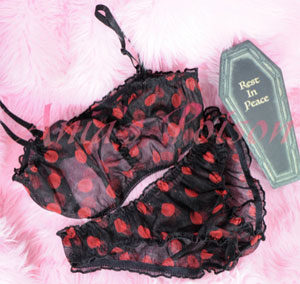 Halloween Collection Ladies Sheer polka Dot stunning panties and Brlette set in coffin gift box!